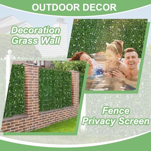 Luyue 12pcs Artificial Grass Wall Panels Epipremnum Greenery Backdrop 20”×20” Green Flower Hedge Panel Greenery Grass Wall Decor Privacy Screen Wall Backdrop - Image 4