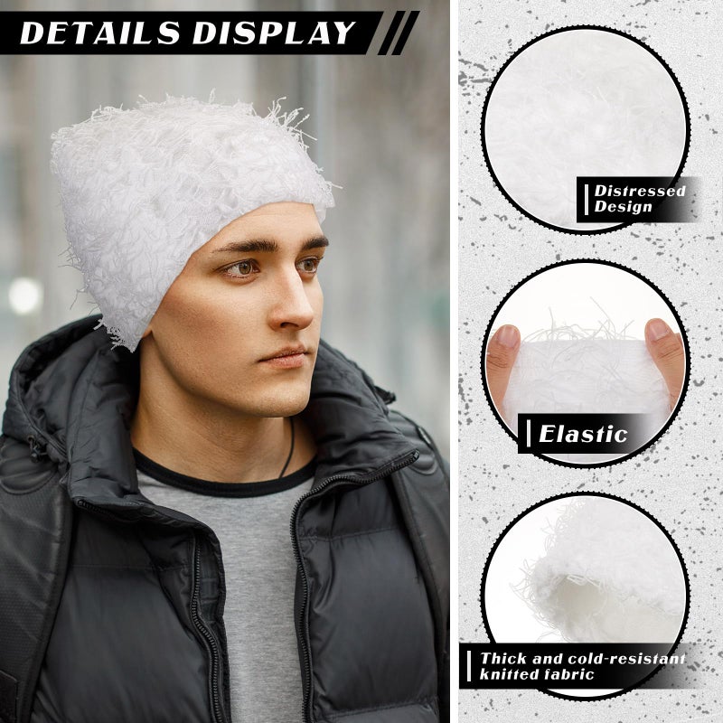 Chuarry Distressed Knitted Beanie Fuzzy Winter Hats Thick Warm Y2k Beanie Snow Knit Cap Skull for Women Men(Assorted White,Regular Style) - Image 4