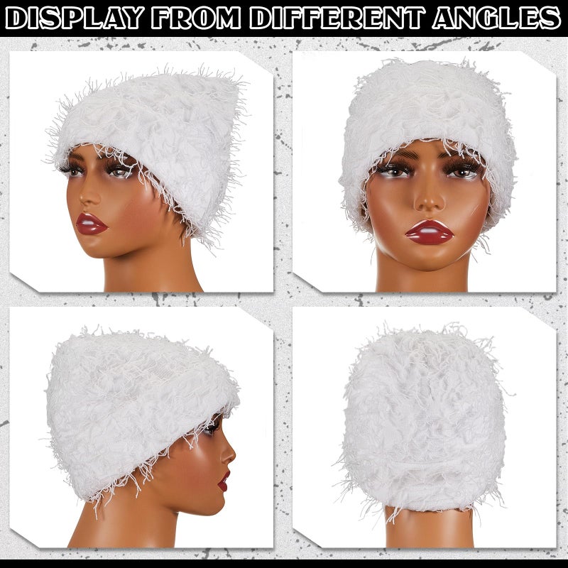 Chuarry Distressed Knitted Beanie Fuzzy Winter Hats Thick Warm Y2k Beanie Snow Knit Cap Skull for Women Men(Assorted White,Regular Style) - Image 3
