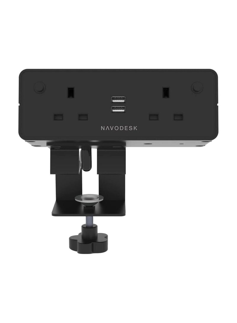 NAVODESK Desk Hub Clamp Power Strip with USB Charging Ports 2 Way extension 3 Pin Plug with 1.8m Cord Black - Image 1