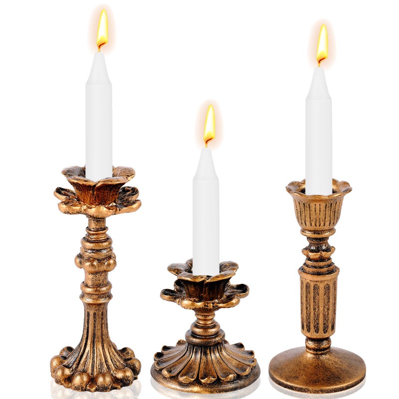 Suclain 3 Pcs Vintage Candlestick Holders Taper Resin Candle Holder Retro Antique Candle Holder Floral Decorative Candlesticks for Wedding Anniversary Table Centerpieces Fireplace Home Decor (Bronze) - Image 1