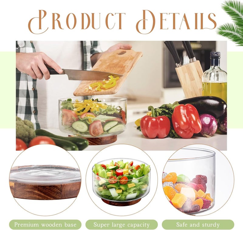 FillTouch 125 oz Large Glass Salad Bowl Set with Wooden Base and Fork Trifle Glass Mixing Bowl with Serving Utensils for Fruits Popcorn Chips Pasta125 oz - Image 4