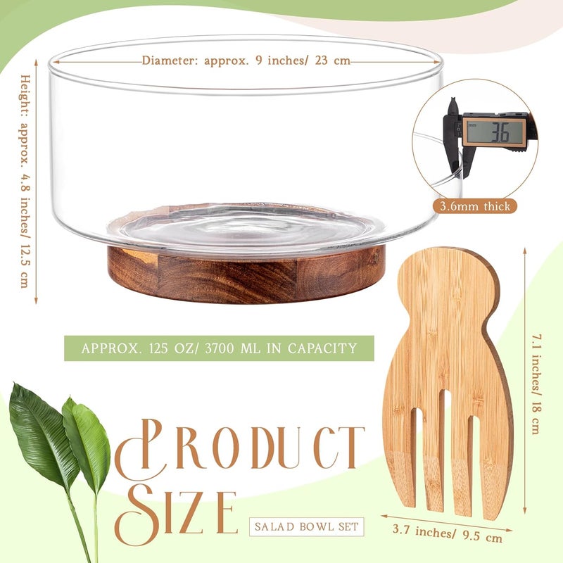 FillTouch 125 oz Large Glass Salad Bowl Set with Wooden Base and Fork Trifle Glass Mixing Bowl with Serving Utensils for Fruits Popcorn Chips Pasta125 oz - Image 2