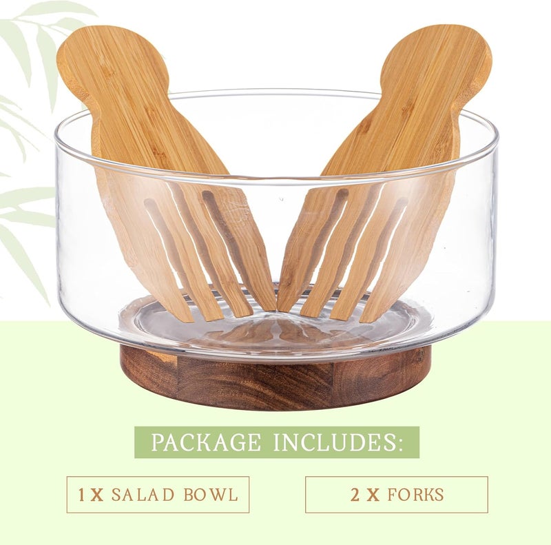 FillTouch 125 oz Large Glass Salad Bowl Set with Wooden Base and Fork Trifle Glass Mixing Bowl with Serving Utensils for Fruits Popcorn Chips Pasta125 oz - Image 3