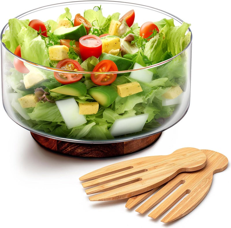 FillTouch 125 oz Large Glass Salad Bowl Set with Wooden Base and Fork Trifle Glass Mixing Bowl with Serving Utensils for Fruits Popcorn Chips Pasta125 oz - Image 1