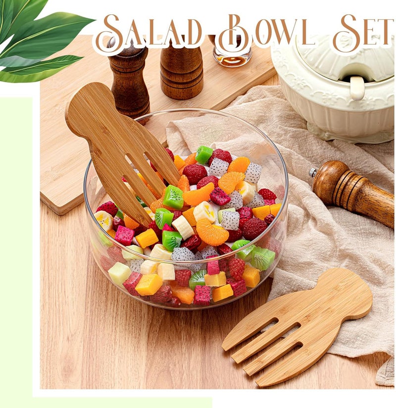 FillTouch 125 oz Large Glass Salad Bowl Set with Wooden Base and Fork Trifle Glass Mixing Bowl with Serving Utensils for Fruits Popcorn Chips Pasta125 oz - Image 5