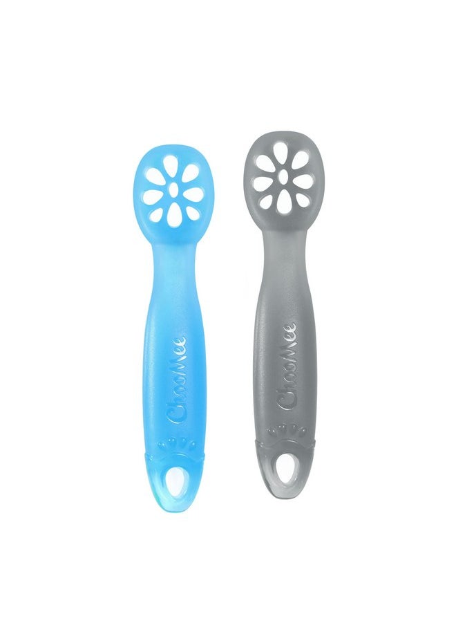 ChooMee - ChooMee FlexiDip Silicone Baby Learning Utensil | 4 Months + Baby Led Weaning | Flat Head Spoon with Firm Handle | Designed in USA, BPA Free, Premium Grade Platinum Silicone | 2 CT Blue Gray - Image 1