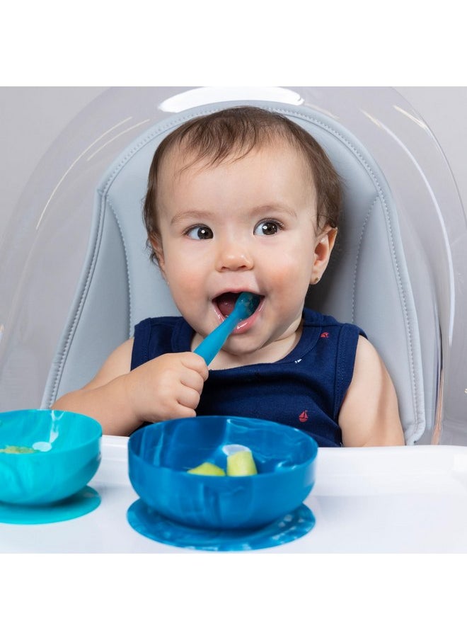 ChooMee - ChooMee FlexiDip Silicone Baby Learning Utensil | 4 Months + Baby Led Weaning | Flat Head Spoon with Firm Handle | Designed in USA, BPA Free, Premium Grade Platinum Silicone | 2 CT Blue Gray - Image 1
