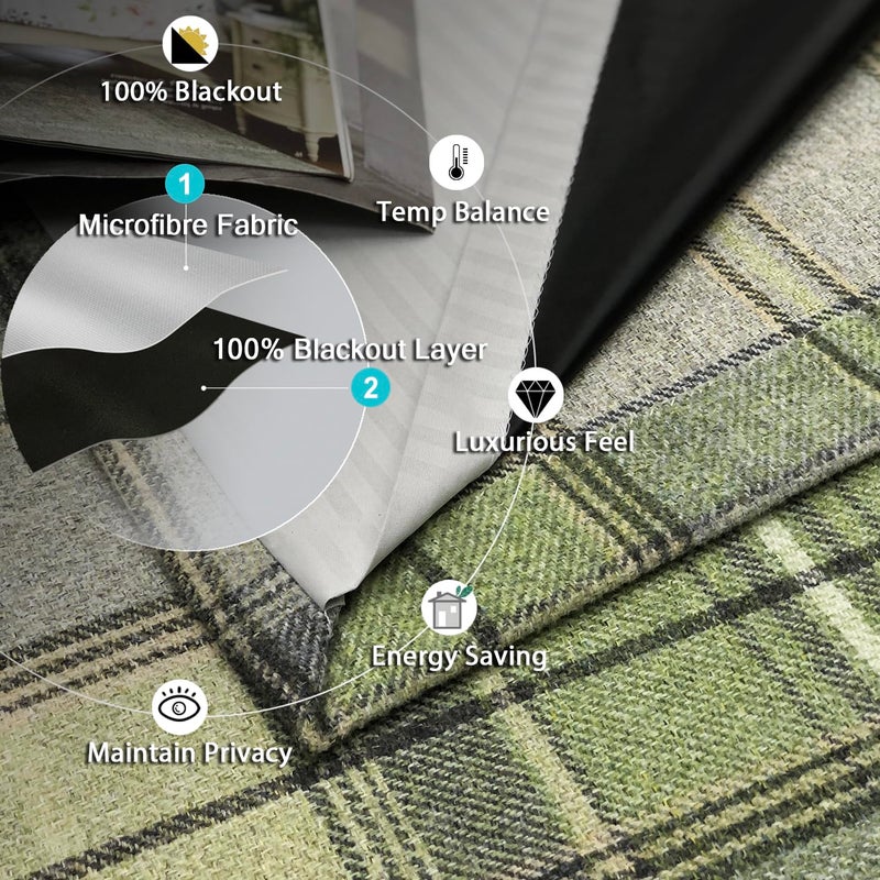 always4u 100% Blackout Woolen Look Plaid Curtains Modern Window Panels Green Checkered Tartan Curtains for Living Room Bedroom 2 Panels Green 54 * 84 Inches - Image 4
