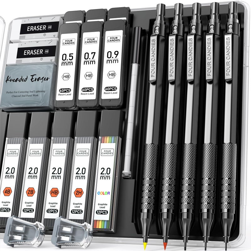 Four Candies Metal Mechanical Pencil Set, 3PCS Art Drafting Pencils 0.5, 0.7, 0.9MM & 2PCS 2MM Mechanical Drawing Pencils with 420PCS Leads (4B 2B HB 2H Color) for Writing Sketching Drawing (Black) - Image 1