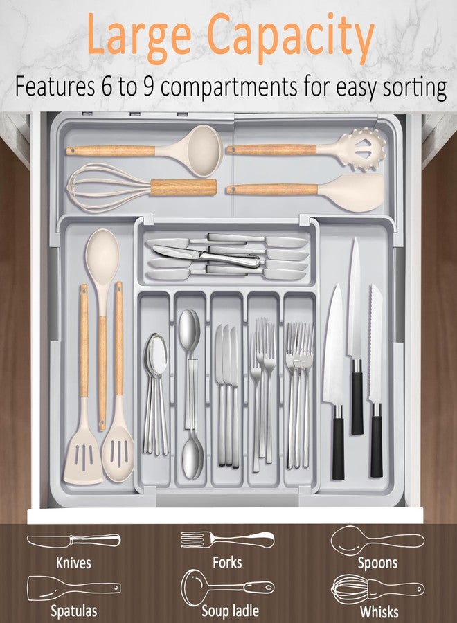 Spaclear Silverware Organizer Expandable Kitchen Utensil Drawer Organizer with 9 Compartment Large Cutlery Organizer Tray for Forks Knives Plastic Grey 13" - 22" W,14.5" - 19" L - Image 3