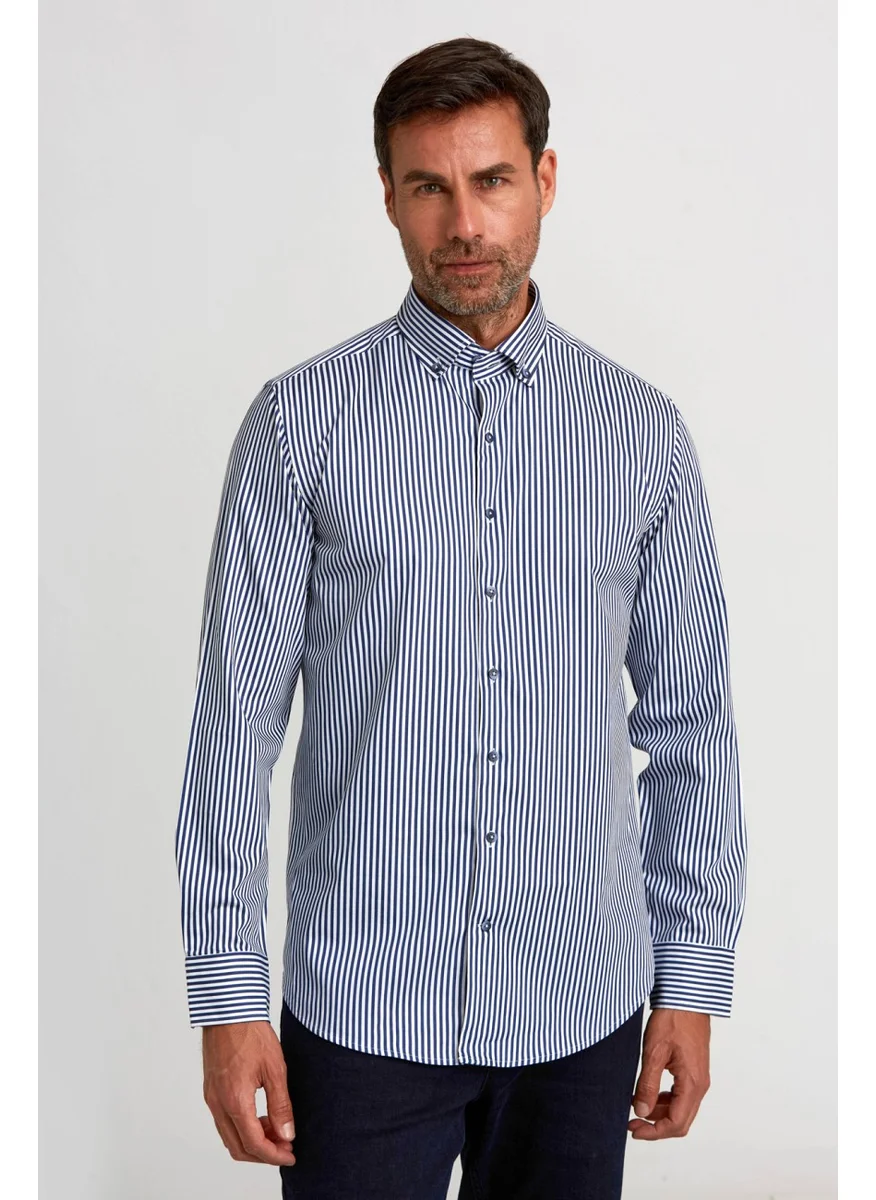 Bisse Sports Shirt Modern Fit Loose Sleeve Pasha Collar Buttoned King Mid Line Satin Pattern. B.z.  Navy blue GMCZG0822300220_D39