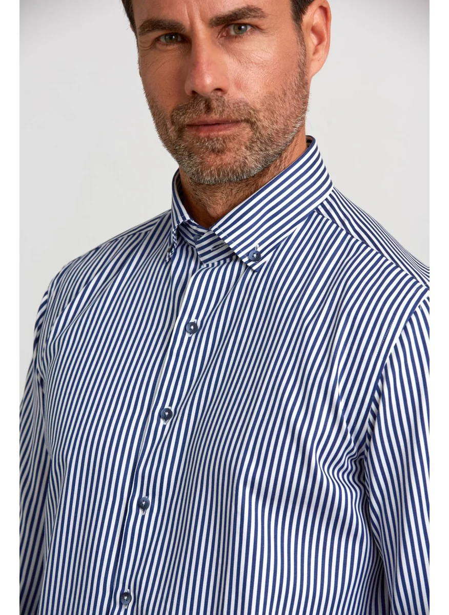 Bisse Sports Shirt Modern Fit Loose Sleeve Pasha Collar Buttoned King Mid Line Satin Pattern. B.z.  Navy blue GMCZG0822300220_D39