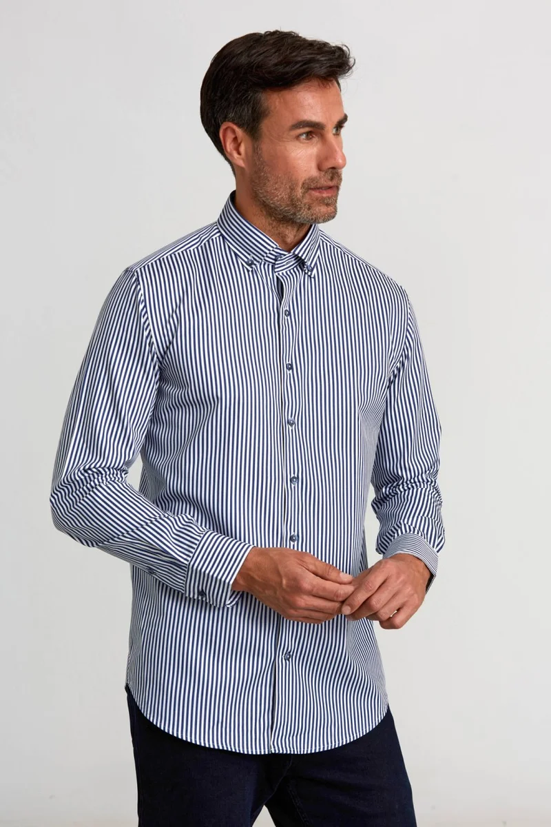 Bisse Sports Shirt Modern Fit Loose Sleeve Pasha Collar Buttoned King Mid Line Satin Pattern. B.z.  Navy blue GMCZG0822300220_D39