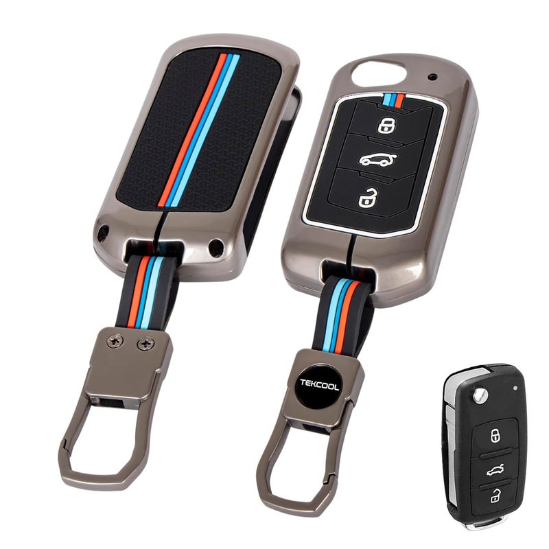 TEKCOOL Metal Alloy Key Cover Compatible for Mahindra Scorpio N Classic, 3XO, XUV 300, Marazzo, XUV 400, Bolero, Thar Roxx, TUV 300, EV 3 Button Flip Key.,Silver - Image 1