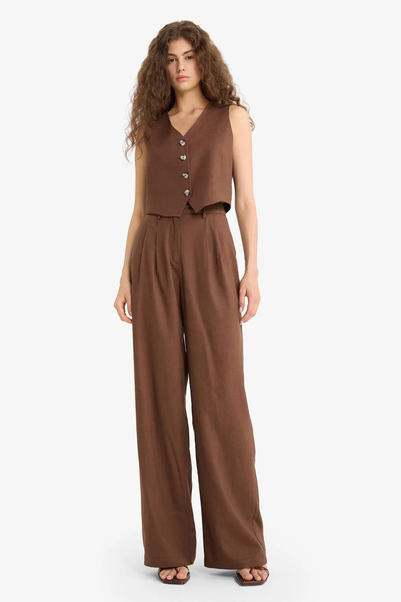ديفاكتو Wide Leg Double Pocket Linen Blended Trousers