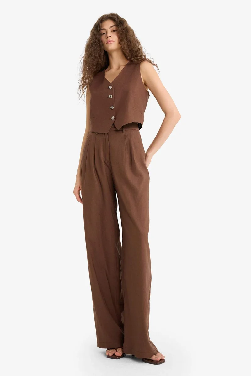 ديفاكتو Wide Leg Double Pocket Linen Blended Trousers