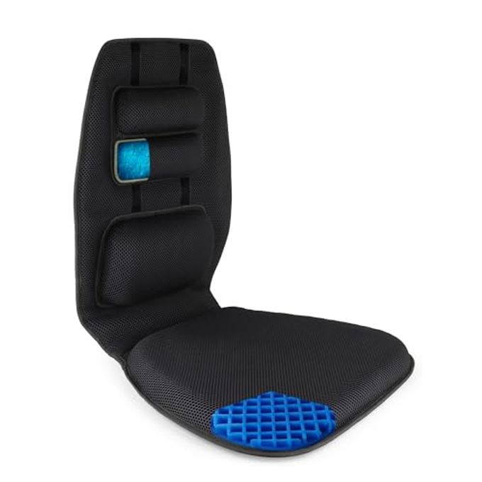 GEL SEAT CUSHION AND ADJUSTABLE BACK SUPPORT LUMBAR PILLOW FLEXIBLE PLACEMENT FOR UPPER LOWER THORACIC COCCYX PRESSURE SORE PAIN RELIEF FOR CAR OFFICE CHAIR GAMING STADIUM POSTURE AID