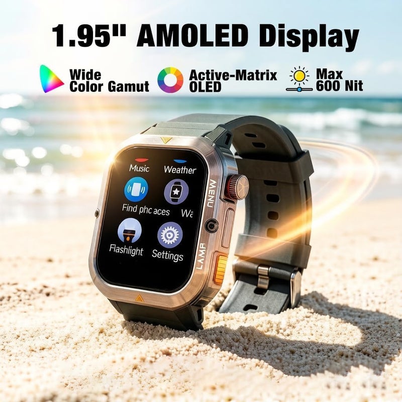 AGM ساعة AGM Legion 3 Ultra الذكية المتينة، شاشة AMOLED بحجم 1.95 بوصة، مقاومة للماء حتى 5ATM | أكثر من 100 وضع رياضي | اتصال بلوتوث | رسائل | قياس الأكسجين في الدم (SPO₂) | معدل ضربات القلب | تتبع الحركة | تذكيرات متعددة | مصباح يدوي - Image 5