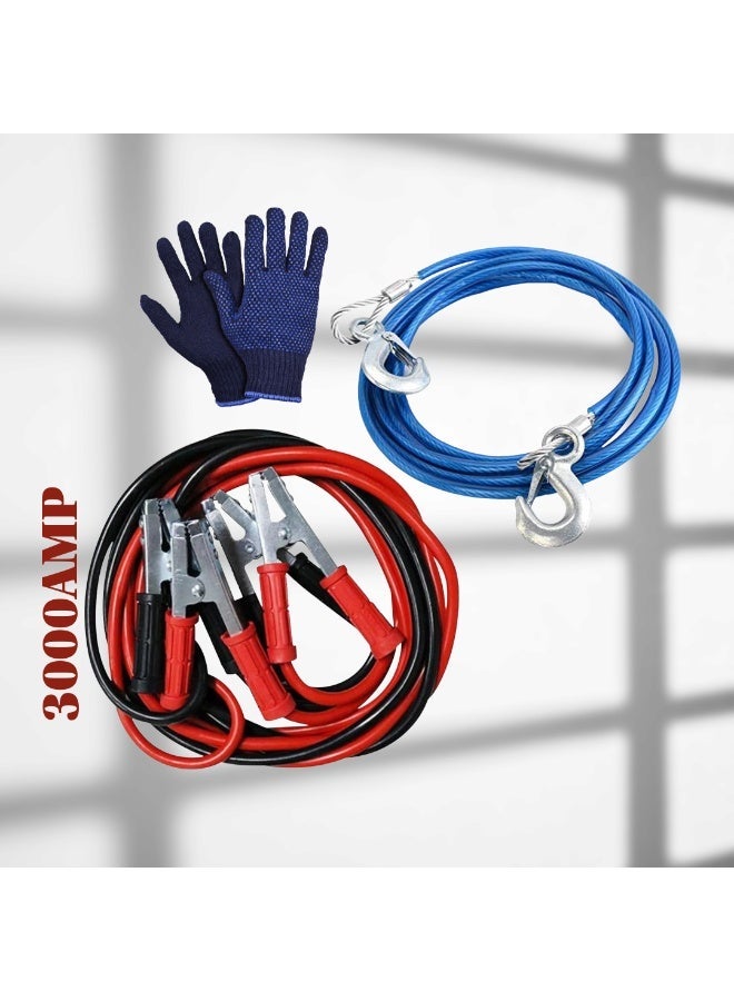 3-in-1 Roadside Emergency Set: 3000Amp Jumper Cables (2.2M), 3000kg Capacity Steel Tow Rope (4M), and Protective Grip Gloves - Image 1