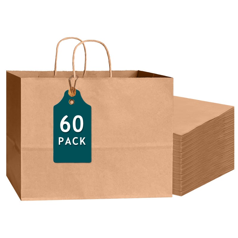 Bakepacker 60-Pack Wide Large Size Paper Bags With Handles Bulk 12.6"x4.3"x10" Brown Party Kraft Shopping Bags - Image 1