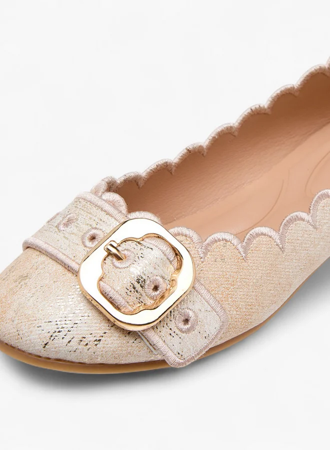 Little Missy Girls Scallop Detail Slip-On Ballerina Shoes with Buckle Accent