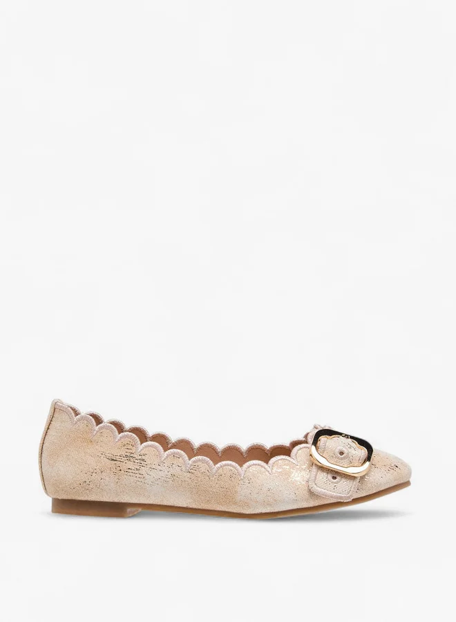 Little Missy Girls Scallop Detail Slip-On Ballerina Shoes with Buckle Accent
