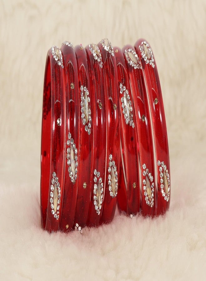 NMII Glass with Zircon Gemstone Studded Kada Bangles Set For Girls and Women| (Pack of 8), (GK33-PO2-TRed-2.6) - Image 3