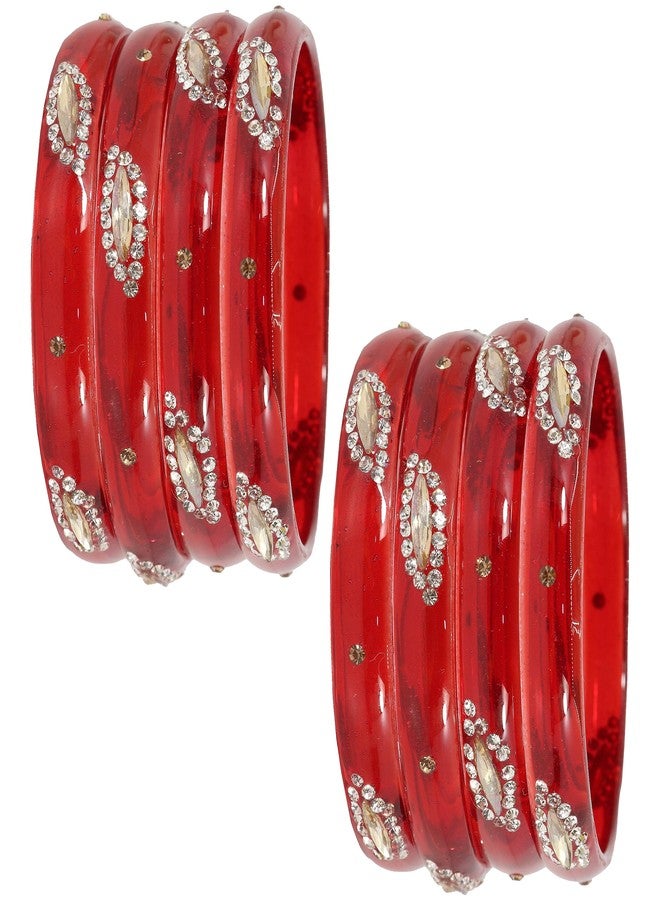 NMII Glass with Zircon Gemstone Studded Kada Bangles Set For Girls and Women| (Pack of 8), (GK33-PO2-TRed-2.6) - Image 1