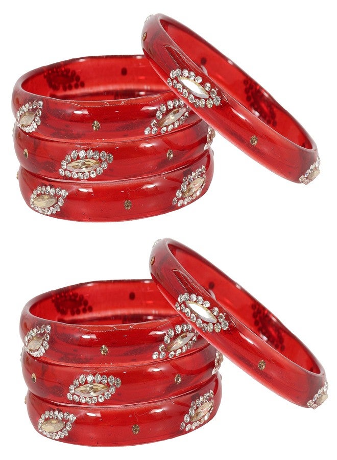 NMII Glass with Zircon Gemstone Studded Kada Bangles Set For Girls and Women| (Pack of 8), (GK33-PO2-TRed-2.6) - Image 2