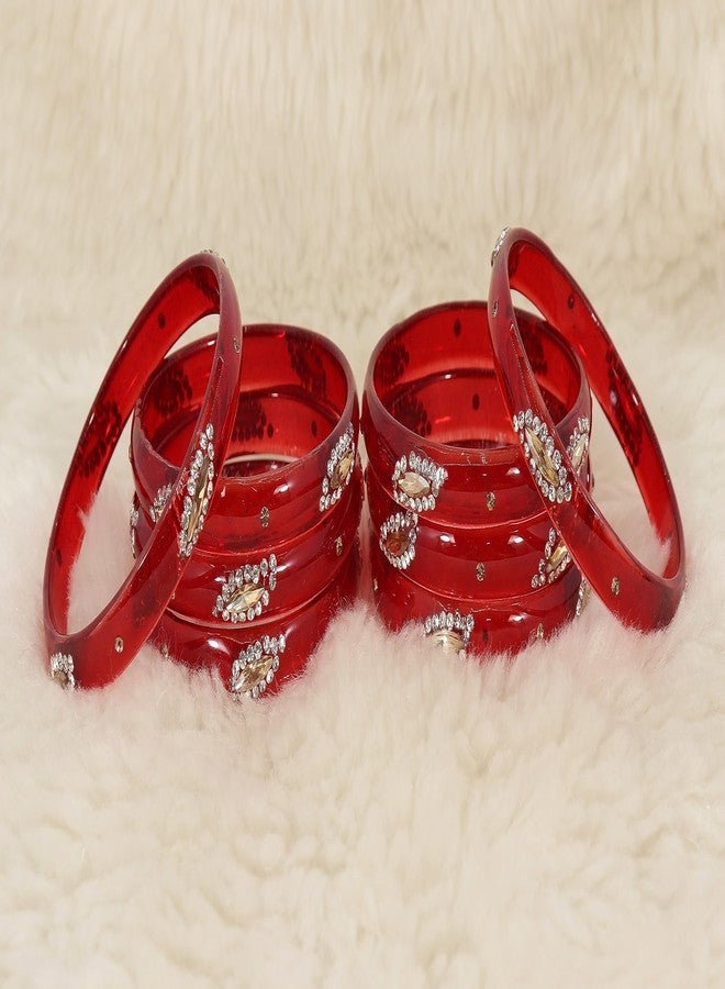 NMII Glass with Zircon Gemstone Studded Kada Bangles Set For Girls and Women| (Pack of 8), (GK33-PO2-TRed-2.6) - Image 4