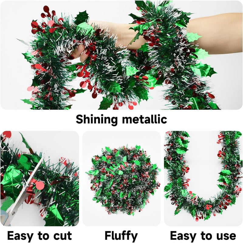 KINGLAKE Christmas Red and Green Tinsel Garland - Green Red Berry Christmas Garland,33 Feet Christmas Tree Garland Metallic Hanging Tinsel Garland for Xmas Tree Decoration Holiday Party Indoor Outdoor - Image 3