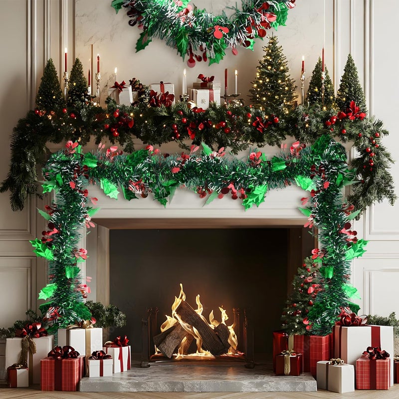 KINGLAKE Christmas Red and Green Tinsel Garland - Green Red Berry Christmas Garland,33 Feet Christmas Tree Garland Metallic Hanging Tinsel Garland for Xmas Tree Decoration Holiday Party Indoor Outdoor - Image 5