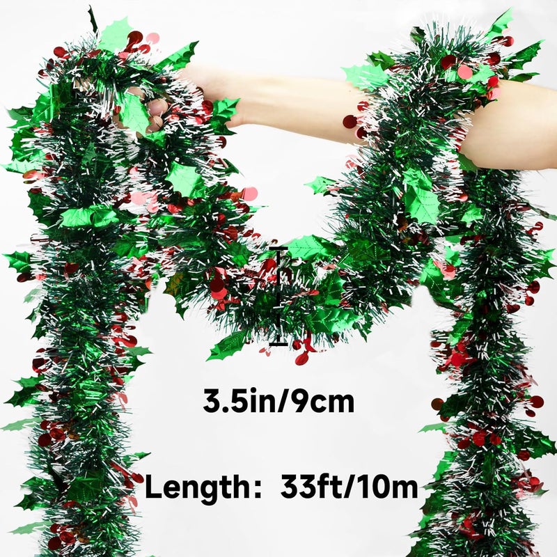 KINGLAKE Christmas Red and Green Tinsel Garland - Green Red Berry Christmas Garland,33 Feet Christmas Tree Garland Metallic Hanging Tinsel Garland for Xmas Tree Decoration Holiday Party Indoor Outdoor - Image 2