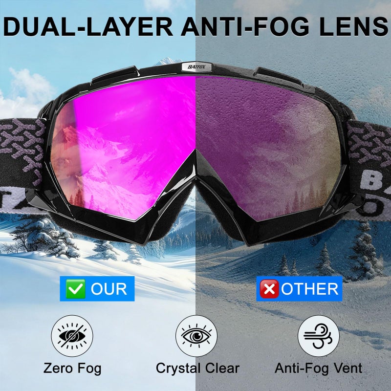 BATFOX Snowboard Goggles for Adults & Youth, Anti Fog OTG Ski Goggles Over Glasses, 100% UV Protection for Men & Women in Snow Sports - Image 2