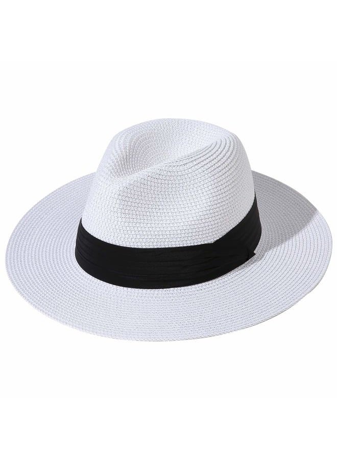 Lanzom Women Wide Brim Straw Panama Roll up Hat Fedora Beach Sun Hat UPF50+ (White) - Image 1