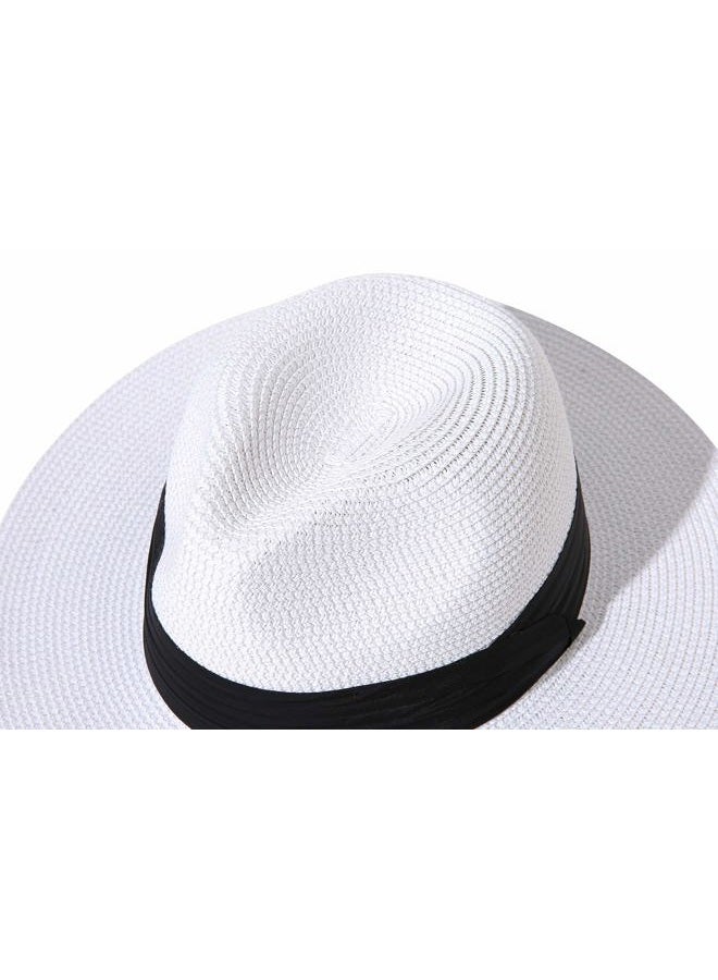 Lanzom Women Wide Brim Straw Panama Roll up Hat Fedora Beach Sun Hat UPF50+ (White) - Image 4