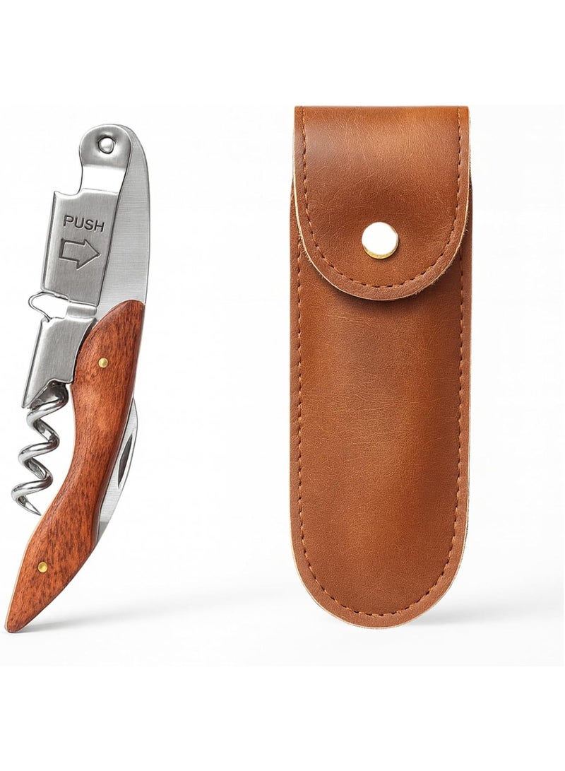 Professional Waiter’s Corkscrew – Double-Hinged Wine Opener with Wooden Handle & Leather Case, Durable Stainless Steel Wine Key for Bar, Restaurant & Home - Image 1