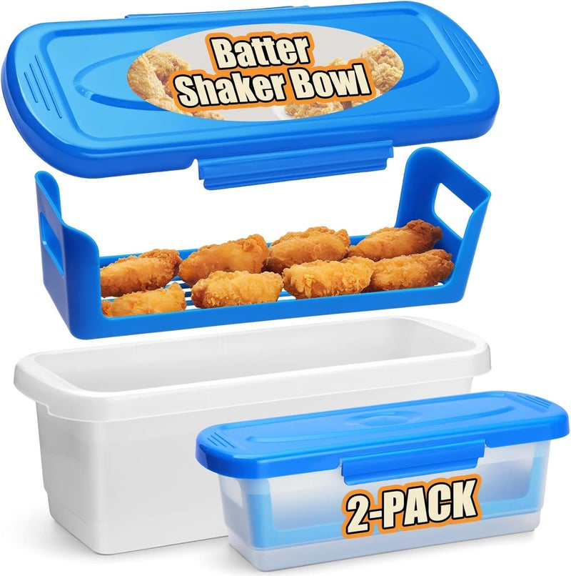 Flybok Batter Bowl with Lid, 2-Pack Fish Batter Shaker, Better Breader Shaker Bowl with Breading Shaker Tray, Batter Bowl with Lids Shaker for Frying Chicken Wings Fish Onion Rings Veggies - Image 1