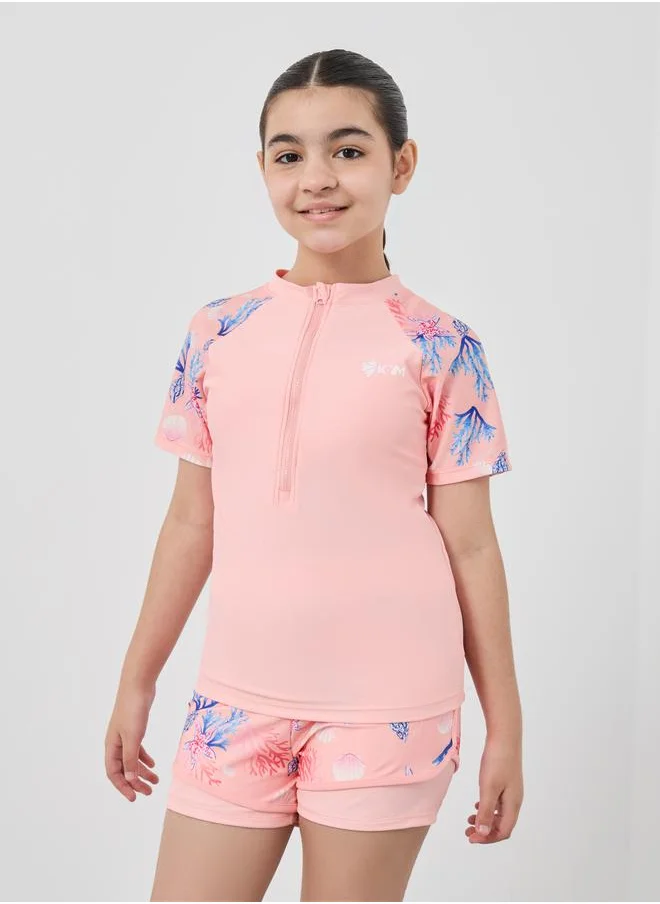 Styli Styli Girls Coral Printed Raglan Sleeve Swimsuit