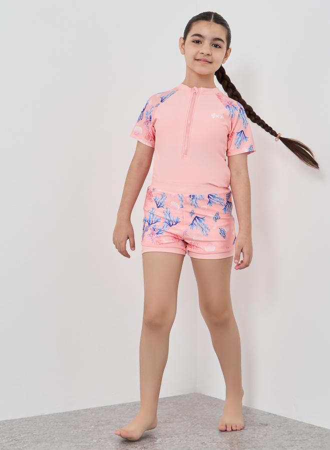 Styli Styli Girls Coral Printed Raglan Sleeve Swimsuit  - Image 1