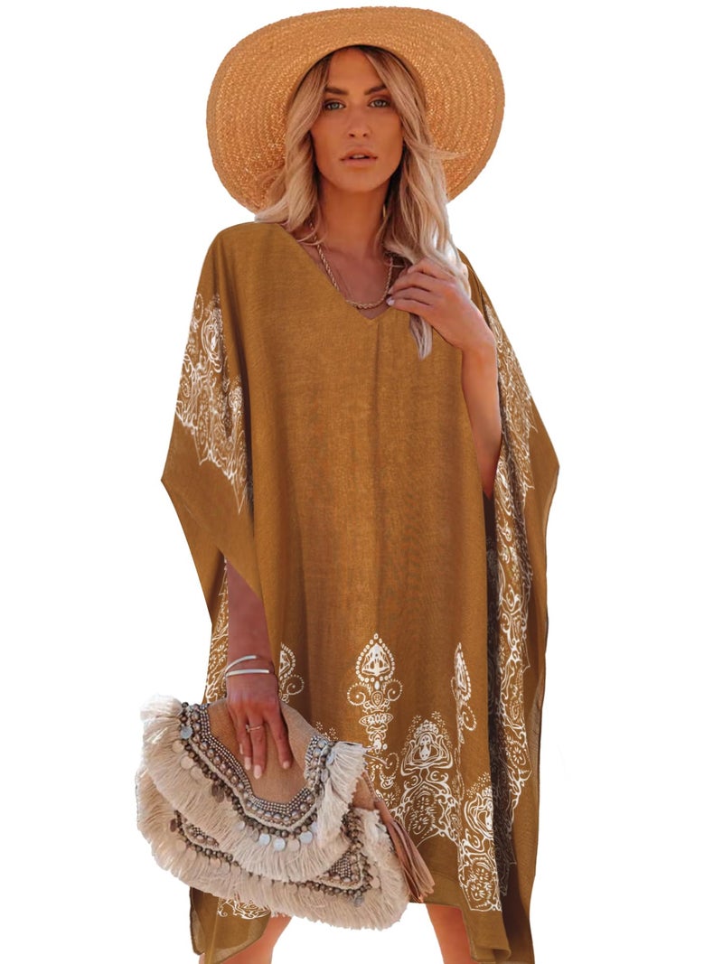 Moss Rose Caftan for Women Beach Cover up Swimsuit Kimono Cardigan with Bohemian Floral Print - Image 1
