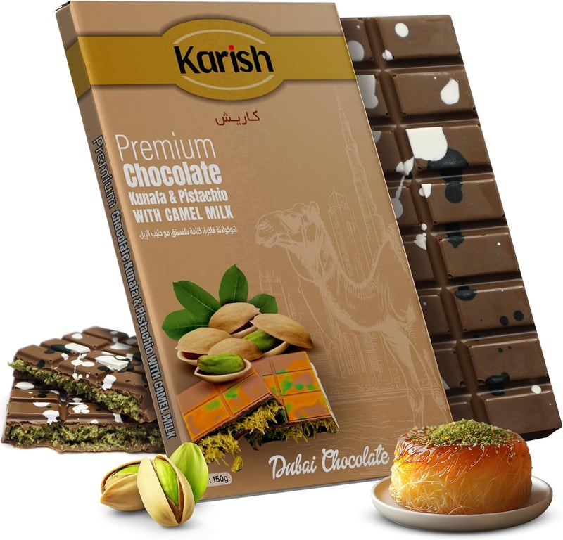 Karish Camel Milk Pistachio Kunafe Chocolate Bar 150g – Rich Cocoa & Nutty Gourmet Treat, Low-Sugar Delight - Image 1