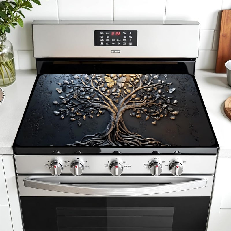 AOHMPT MultiDesign Stove Top Cover for GlassElectric Stoves 3in1 HeatResistant Protector Mat NonSlip Drying Rack 28x20 Tree of Life Black 28 L x 20 W - Image 2
