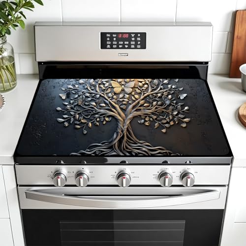 AOHMPT MultiDesign Stove Top Cover for GlassElectric Stoves 3in1 HeatResistant Protector Mat NonSlip Drying Rack 28x20 Tree of Life Black 28 L x 20 W - Image 1