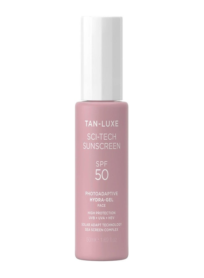 تان-لوكس واقي الشمس Tan-Luxe Sci-Tech بعامل حماية SPF 50، واقي شمس خفيف الوزن ومتكيف مع الضوء، جل مرطب للوجه، شفاف، غير دهني، حماية واسعة النطاق من الأشعة فوق البنفسجية UVB وUVA، نباتي وسريع الجفاف، عبوة 50 مل/1.69 أونصة سائلة - Image 1