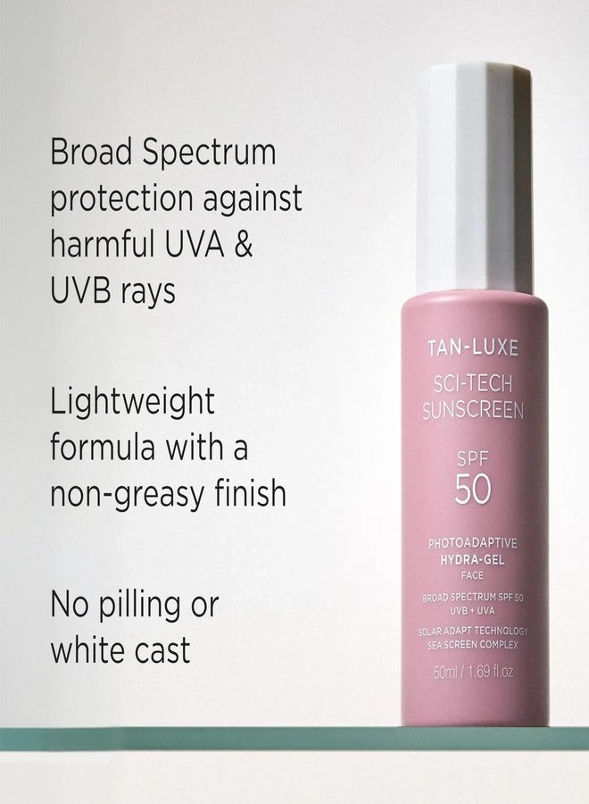 تان-لوكس واقي الشمس Tan-Luxe Sci-Tech بعامل حماية SPF 50، واقي شمس خفيف الوزن ومتكيف مع الضوء، جل مرطب للوجه، شفاف، غير دهني، حماية واسعة النطاق من الأشعة فوق البنفسجية UVB وUVA، نباتي وسريع الجفاف، عبوة 50 مل/1.69 أونصة سائلة - Image 2