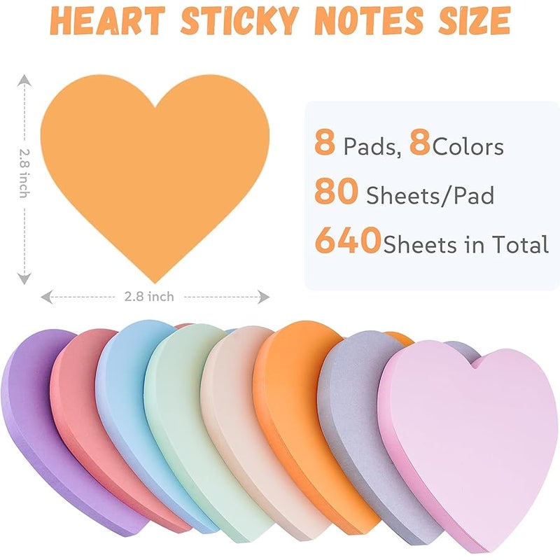 FloraSea Heart Sticky Notes 3x3 in, 8 Pads Cute Heart Shape Post it Notes, Strong Adhesive Post, Clean Removal, 80 Sheets/pad - Image 2