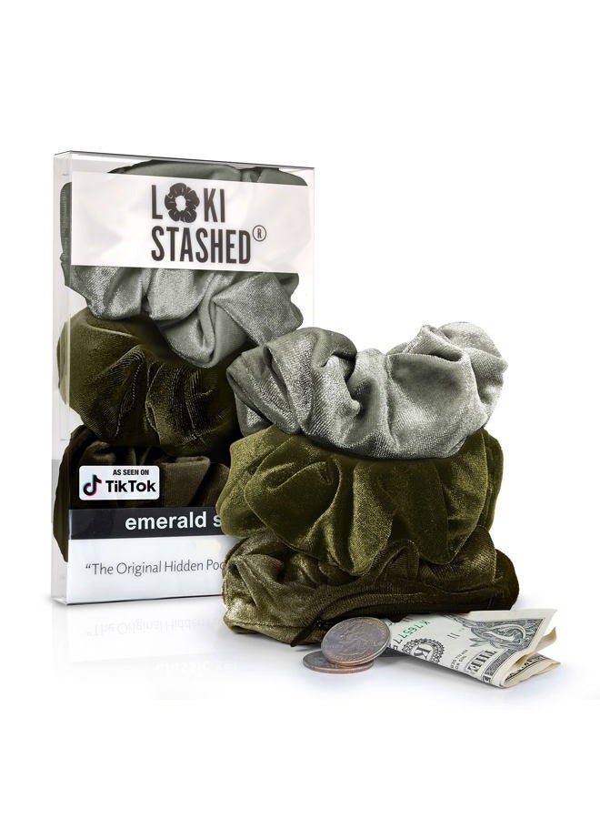 LokiStashed 3-PACK Velvet Hair Tie Scrunchies for VSCO Girls & Women, THE ORIGINAL HIDDEN POCKET SCRUNCHIE with Zipper Pocket Storage, Accessories, Small Items, Keys, Money - Emerald Set - Image 1