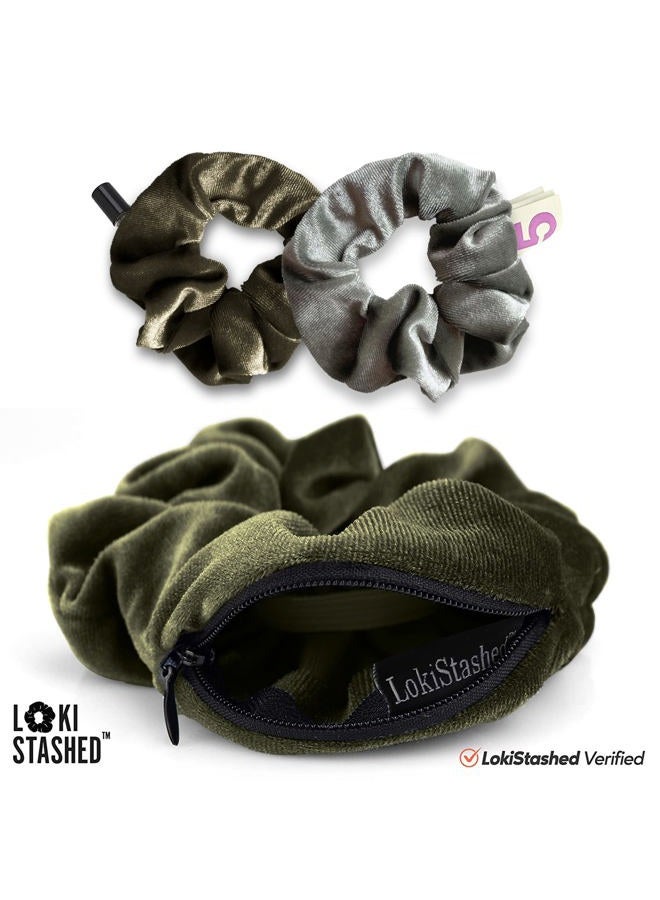 LokiStashed 3-PACK Velvet Hair Tie Scrunchies for VSCO Girls & Women, THE ORIGINAL HIDDEN POCKET SCRUNCHIE with Zipper Pocket Storage, Accessories, Small Items, Keys, Money - Emerald Set - Image 3